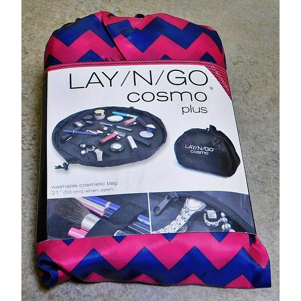 Lay-n-Go Cosmo Plus 21" Washable Cosmetic Bag NWT Pink Blue Chevron